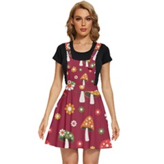 Woodland Mushroom And Daisy Seamless Pattern On Red Background Apron Dress by Wav3s