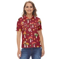 Woodland Mushroom And Daisy Seamless Pattern On Red Background Women s Short Sleeve Double Pocket Shirt