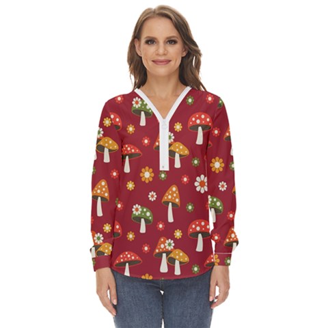 Woodland Mushroom And Daisy Seamless Pattern On Red Background Zip Up Long Sleeve Blouse by Wav3s