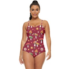 Woodland Mushroom And Daisy Seamless Pattern On Red Background Retro Full Coverage Swimsuit by Wav3s