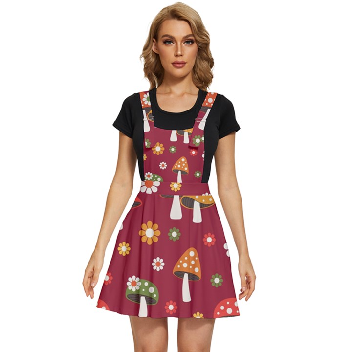 Woodland Mushroom And Daisy Seamless Pattern On Red Background Apron Dress