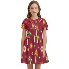 Woodland Mushroom And Daisy Seamless Pattern On Red Background Kids  Bow Tie Puff Sleeve Dress by Wav3s