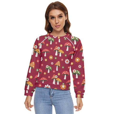 Woodland Mushroom And Daisy Seamless Pattern On Red Background Women s Long Sleeve Raglan Tee by Wav3s