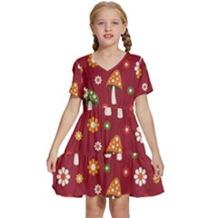 Woodland Mushroom And Daisy Seamless Pattern On Red Background Kids  Short Sleeve Tiered Mini Dress by Wav3s