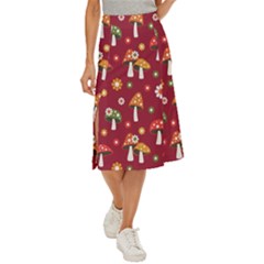 Woodland Mushroom And Daisy Seamless Pattern On Red Background Midi Panel Skirt by Wav3s