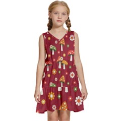 Woodland Mushroom And Daisy Seamless Pattern On Red Background Kids  Sleeveless Tiered Mini Dress by Wav3s