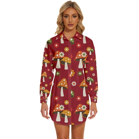 Woodland Mushroom And Daisy Seamless Pattern On Red Background Womens Long Sleeve Shirt Dress by Wav3s