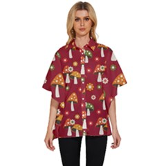 Woodland Mushroom And Daisy Seamless Pattern On Red Background Women s Batwing Button Up Shirt