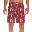 Woodland Mushroom And Daisy Seamless Pattern On Red Background Men s Beach Shorts View1