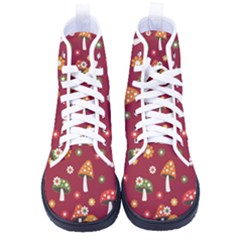 Woodland Mushroom And Daisy Seamless Pattern On Red Background Men s High-top Canvas Sneakers by Wav3s