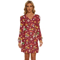 Woodland Mushroom And Daisy Seamless Pattern On Red Background Long Sleeve Waist Tie Ruffle Velvet Dress