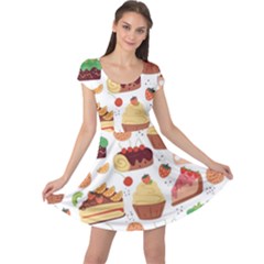 Seamless Pattern Hand Drawing Cartoon Dessert And Cake Cap Sleeve Dress by Wav3s