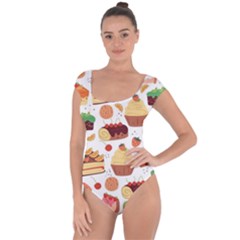 Seamless Pattern Hand Drawing Cartoon Dessert And Cake Short Sleeve Leotard  by Wav3s