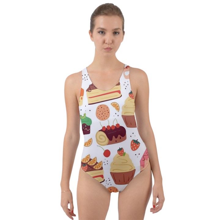 Seamless Pattern Hand Drawing Cartoon Dessert And Cake Cut-Out Back One Piece Swimsuit