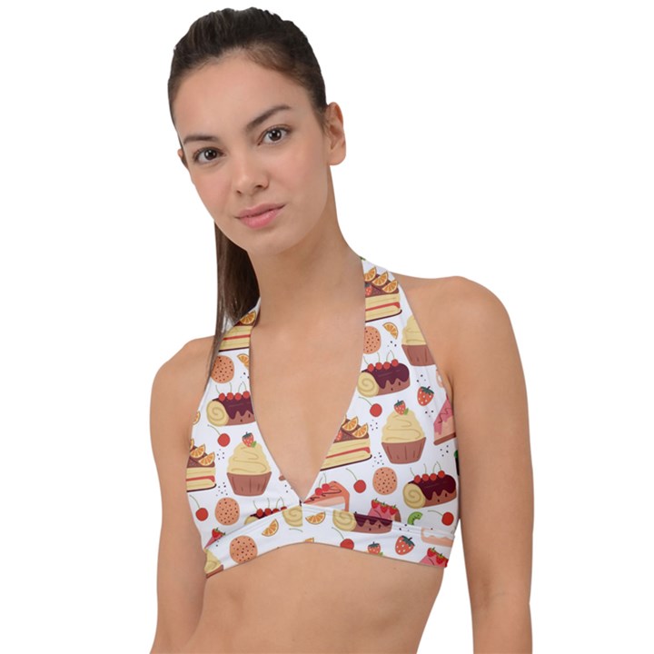 Seamless Pattern Hand Drawing Cartoon Dessert And Cake Halter Plunge Bikini Top