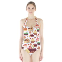 Seamless Pattern Hand Drawing Cartoon Dessert And Cake Halter Swimsuit by Wav3s