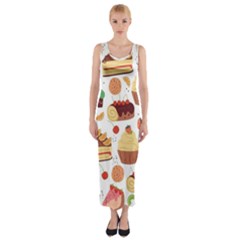 Seamless Pattern Hand Drawing Cartoon Dessert And Cake Fitted Maxi Dress by Wav3s