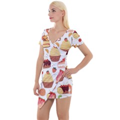 Seamless Pattern Hand Drawing Cartoon Dessert And Cake Short Sleeve Asymmetric Mini Dress by Wav3s