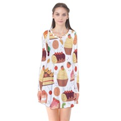 Seamless Pattern Hand Drawing Cartoon Dessert And Cake Long Sleeve V-neck Flare Dress by Wav3s