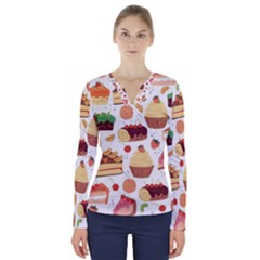 Seamless Pattern Hand Drawing Cartoon Dessert And Cake V-neck Long Sleeve Top by Wav3s