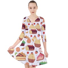 Seamless Pattern Hand Drawing Cartoon Dessert And Cake Quarter Sleeve Front Wrap Dress by Wav3s