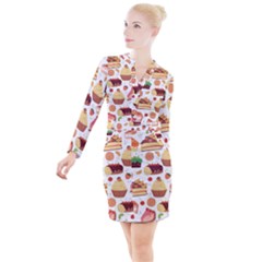 Seamless Pattern Hand Drawing Cartoon Dessert And Cake Button Long Sleeve Dress by Wav3s