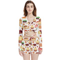 Seamless Pattern Hand Drawing Cartoon Dessert And Cake Velvet Wrap Crop Top And Shorts Set by Wav3s