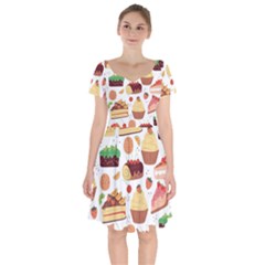 Seamless Pattern Hand Drawing Cartoon Dessert And Cake Short Sleeve Bardot Dress by Wav3s