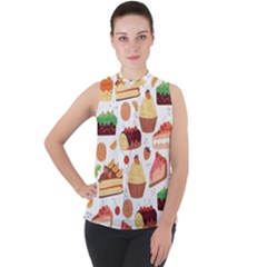 Seamless Pattern Hand Drawing Cartoon Dessert And Cake Mock Neck Chiffon Sleeveless Top