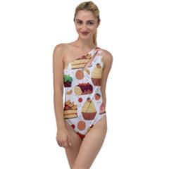 Seamless Pattern Hand Drawing Cartoon Dessert And Cake To One Side Swimsuit by Wav3s