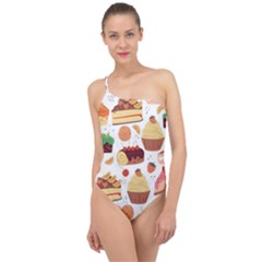 Seamless Pattern Hand Drawing Cartoon Dessert And Cake Classic One Shoulder Swimsuit by Wav3s