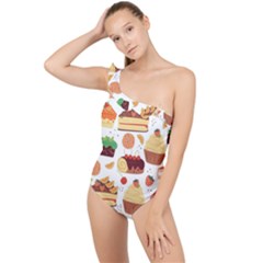 Seamless Pattern Hand Drawing Cartoon Dessert And Cake Frilly One Shoulder Swimsuit by Wav3s