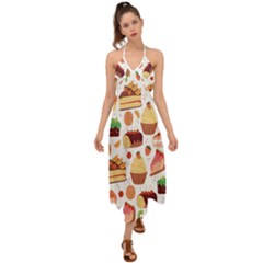 Seamless Pattern Hand Drawing Cartoon Dessert And Cake Halter Tie Back Dress  by Wav3s