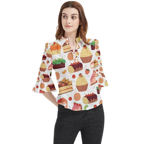 Seamless Pattern Hand Drawing Cartoon Dessert And Cake Loose Horn Sleeve Chiffon Blouse by Wav3s