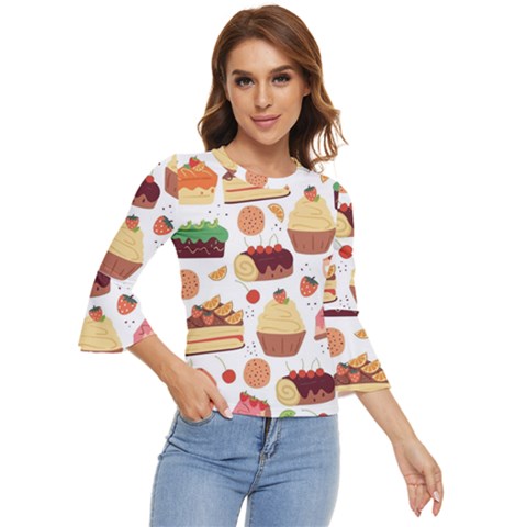 Seamless Pattern Hand Drawing Cartoon Dessert And Cake Bell Sleeve Top by Wav3s