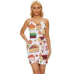 Seamless Pattern Hand Drawing Cartoon Dessert And Cake Wrap Tie Front Dress by Wav3s