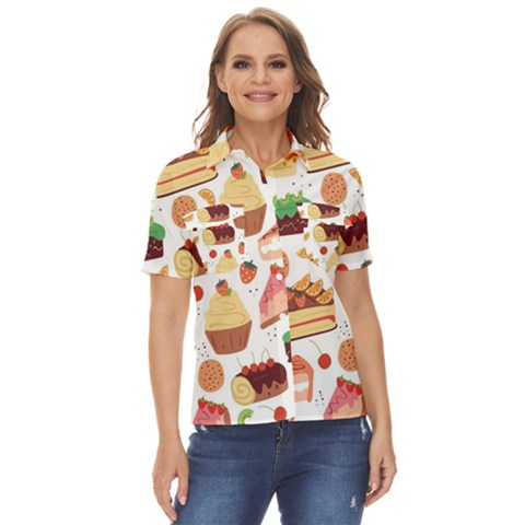 Seamless Pattern Hand Drawing Cartoon Dessert And Cake Women s Short Sleeve Double Pocket Shirt by Wav3s