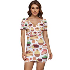 Seamless Pattern Hand Drawing Cartoon Dessert And Cake Low Cut Cap Sleeve Mini Dress by Wav3s