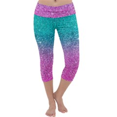 Pink And Turquoise Glitter Capri Yoga Leggings by Wav3s