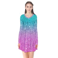 Pink And Turquoise Glitter Long Sleeve V-neck Flare Dress by Wav3s