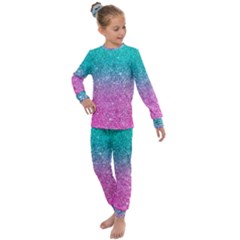 Pink And Turquoise Glitter Kids  Long Sleeve Set  by Wav3s