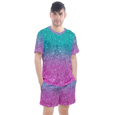 Pink And Turquoise Glitter Men s Mesh Tee And Shorts Set by Wav3s