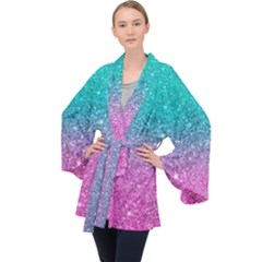 Pink And Turquoise Glitter Long Sleeve Velvet Kimono  by Wav3s