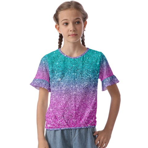 Pink And Turquoise Glitter Kids  Cuff Sleeve Scrunch Bottom Tee by Wav3s