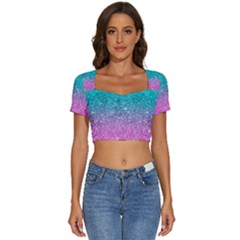 Pink And Turquoise Glitter Short Sleeve Square Neckline Crop Top  by Wav3s