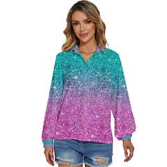 Pink And Turquoise Glitter Women s Long Sleeve Button Up Shirt