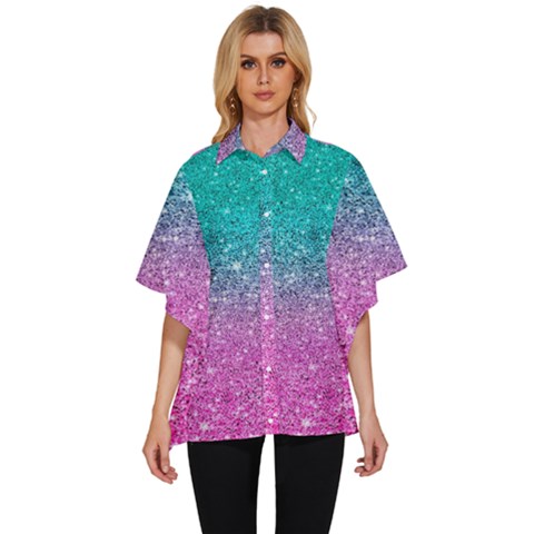 Pink And Turquoise Glitter Women s Batwing Button Up Shirt by Wav3s