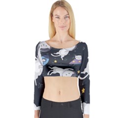 Space Cat Illustration Pattern Astronaut Long Sleeve Crop Top by Wav3s