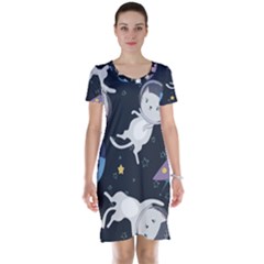 Space Cat Illustration Pattern Astronaut Short Sleeve Nightdress by Wav3s