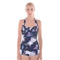 Space Cat Illustration Pattern Astronaut Boyleg Halter Swimsuit  View1